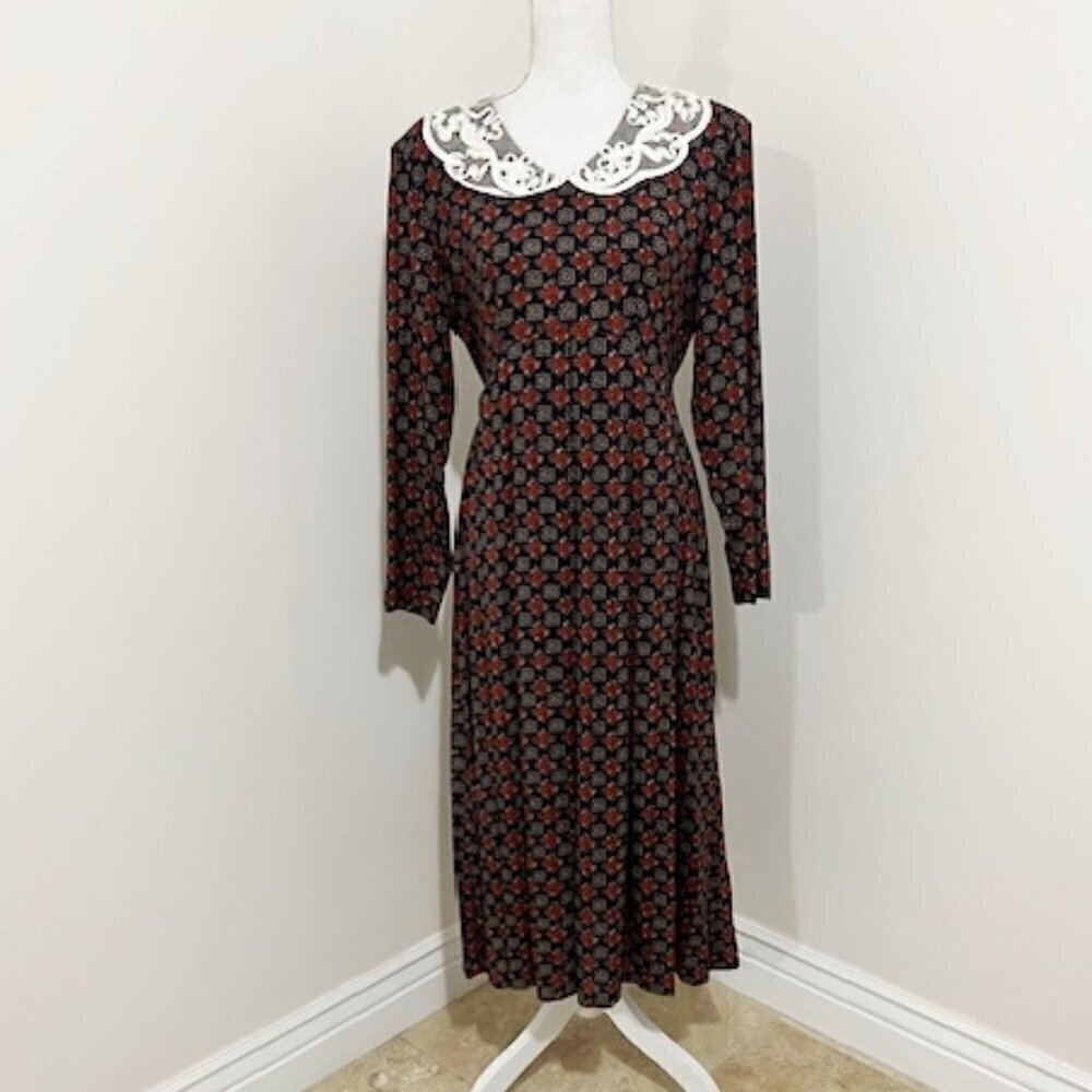 Vintage Expo Red Blue Floral Long Sleeve Midi Dress w/ Mesh Lace Collar Size 10